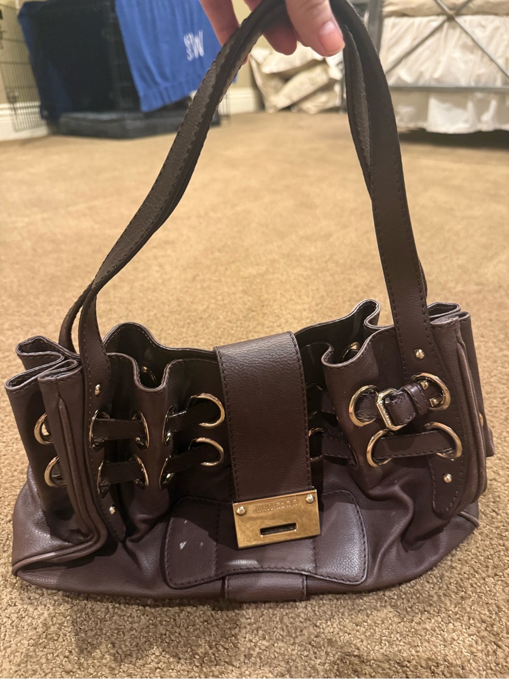 Brown Leather Shoulder Bag with Gold Hardware